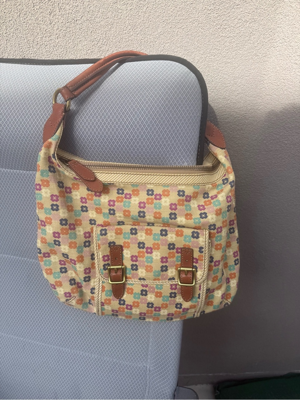 Fossil Floral Print Shoulder Bag – Teal Polka Dot Interior, Leather Trim
